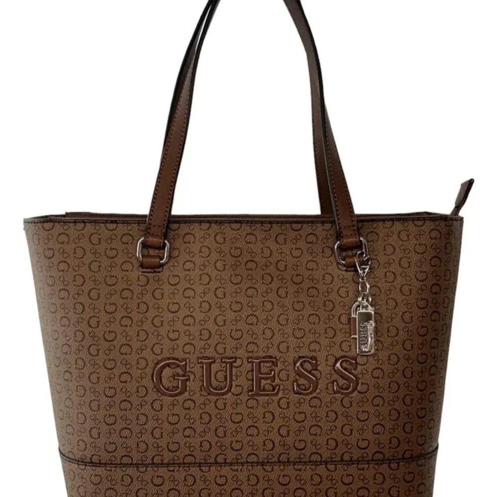 GUESS Brown Monogram Logo Tote with Charm